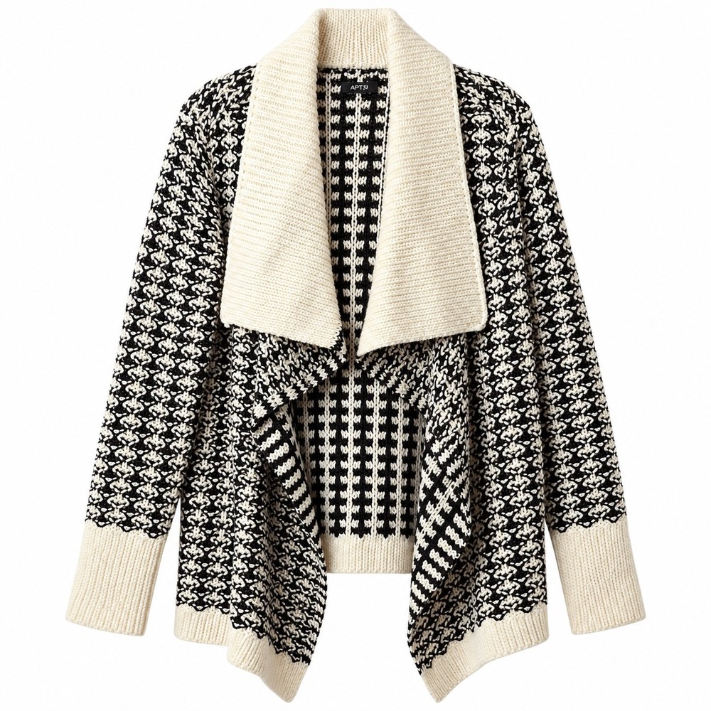 NWT APT. 9 Wool Blend Open-Front Shawl Collar Cardigan Sz M Black White Textured